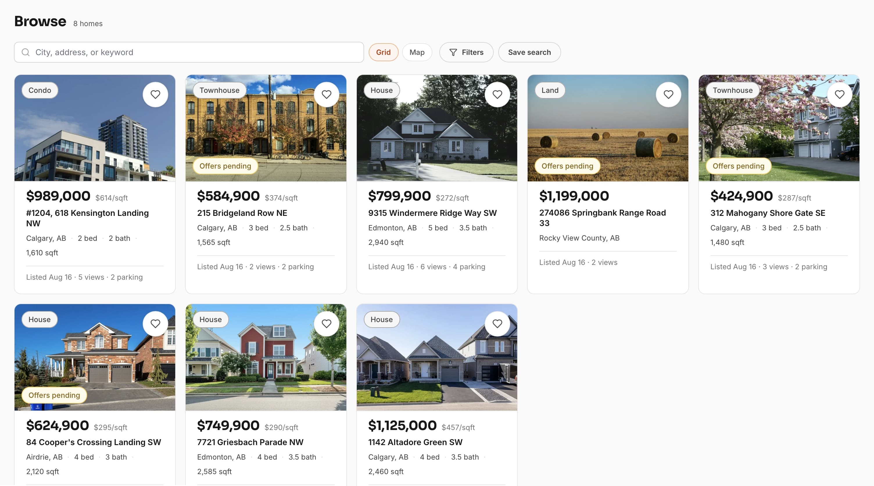 The browse screen: a searchable grid of Alberta listings with price, price per square foot, address, and bed and bath counts.