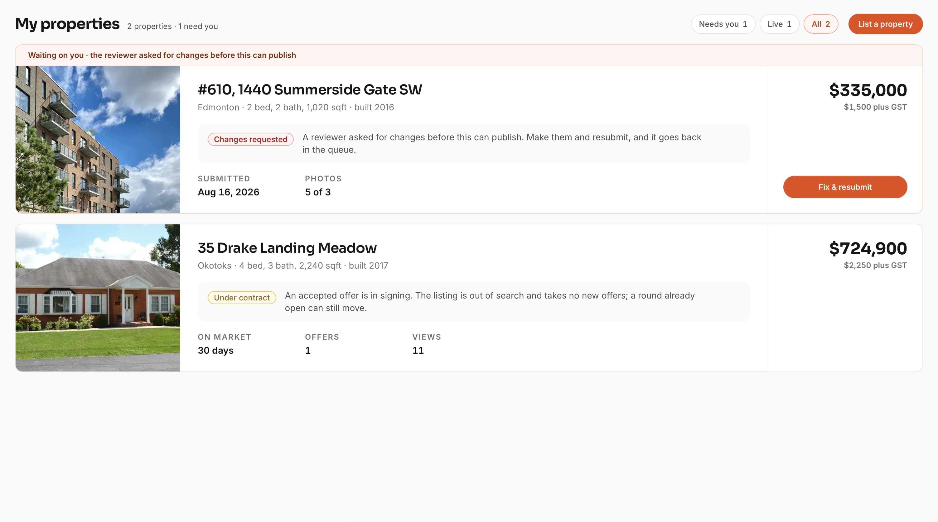 A seller's property list: two listings, each with its price, its platform fee, its state, and what it needs next.